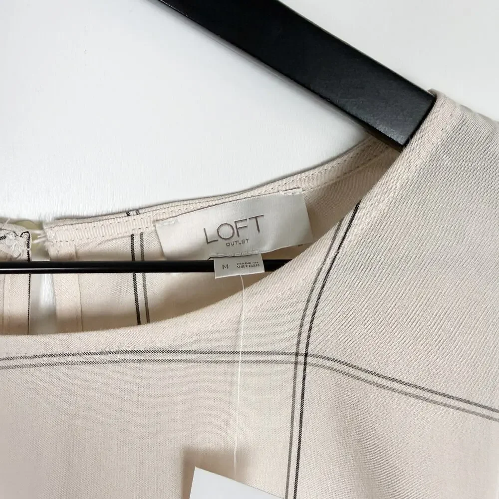 New LOFT Windowpane Beige Blouse Puff Sleeves Top - M